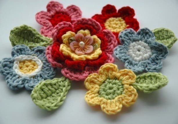 Blooming Crochet Flowers and Leaves